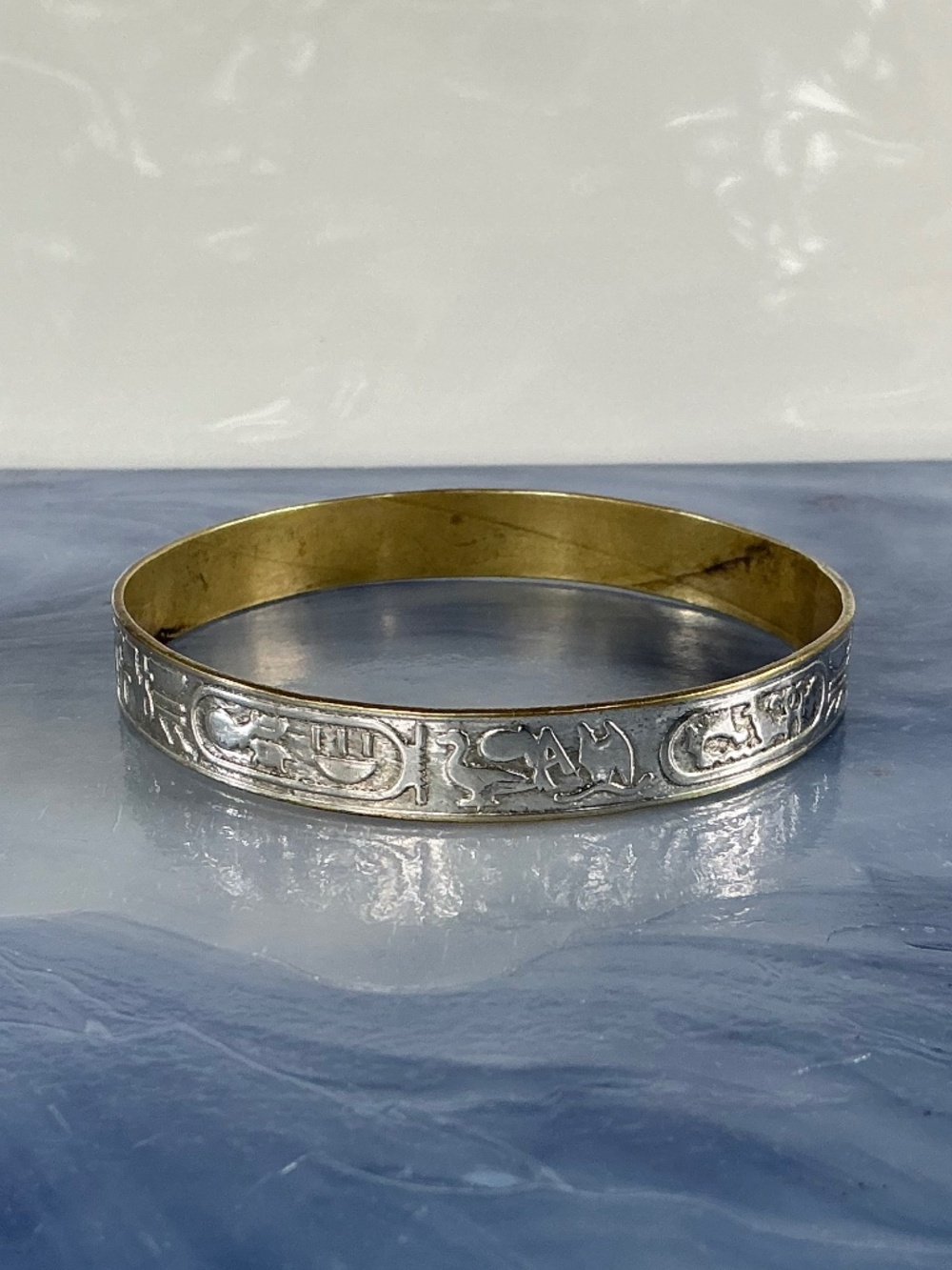 Vintage Mexican Hieroglyphic Bangle Bracelet Stamped Mixed Metal Taxco Style - Picture 5 of 15